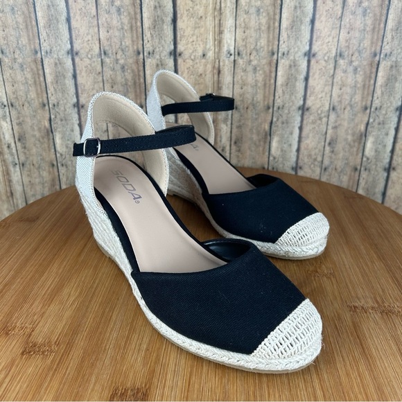 Black and Cream Espadrille Shoes with Wedge Heel (ELFIN-S) - Picture 1 of 6